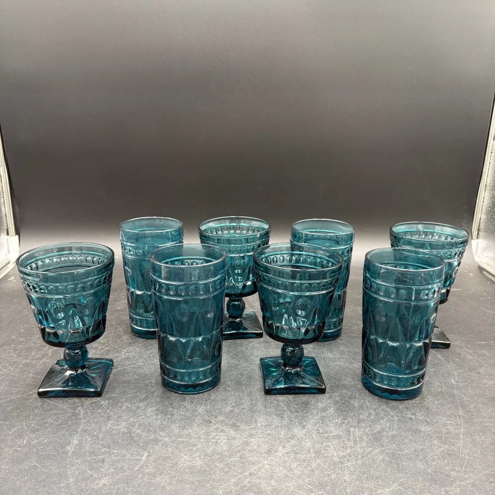 Vtg Indiana Park Lane Teal Blue Glassware 8pc Diamond Starburst Goblets Tumblers